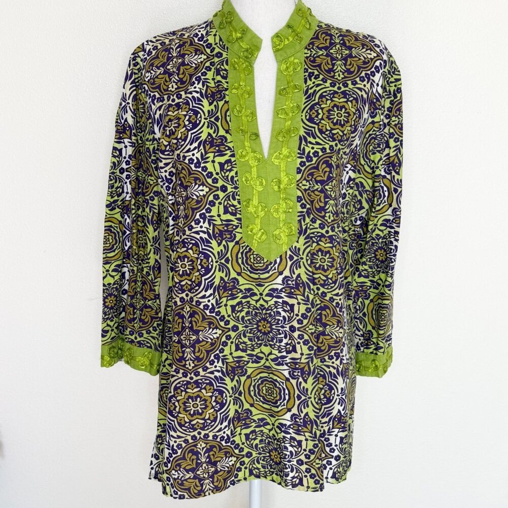 Ecologie Women Green/Purple Floral V-neck Linen Tunic Size XL Hippie Boho Chic